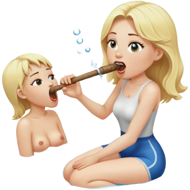 blond woman sitting on her knees, biting a wide stick with a D-shaped knob, both the same color as her skin, the knob has visible skin texture, water jet shooting from the flat side of the knob into her mouth, surprised look emoji