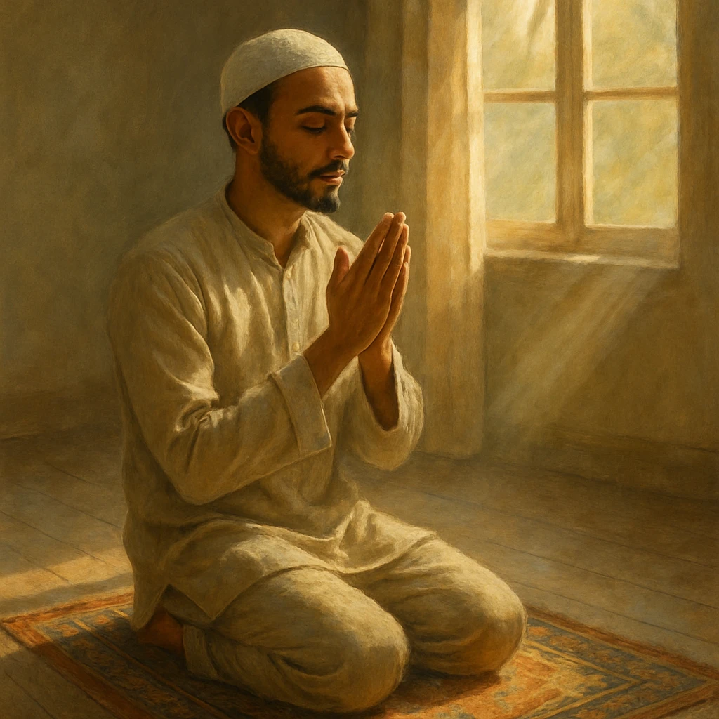 a peaceful person kneeling on a prayer rug, hands together in prayer, gentle sunlight streaming through a window emoji