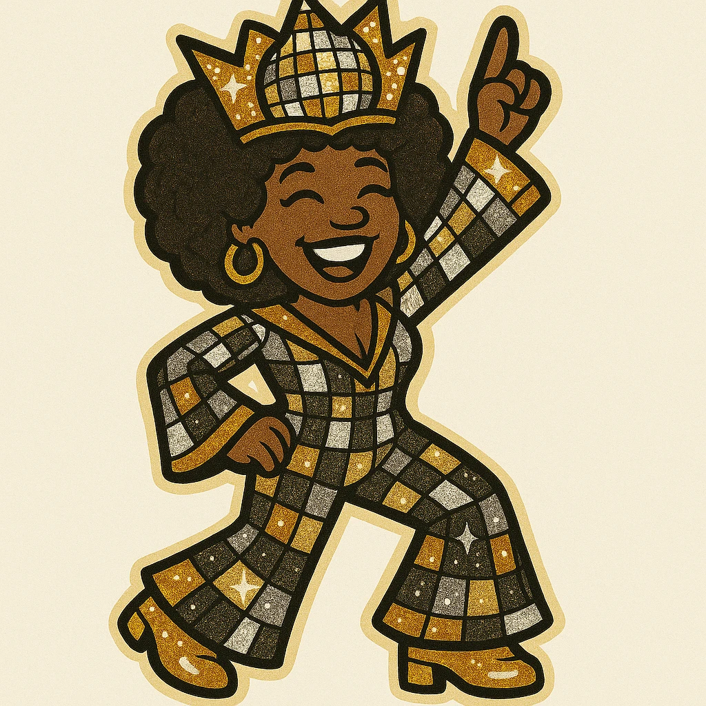 Create a 1970s disco emoji of a female African American with a full body, dancing, wearing a sparkling, extra vibrant 70s style crown and matching disco outfit. Use only gold, silver, black, and white, but make the colors bold and luminous. She should have a joyful expression and afro hairstyle, in a bold pop colors style. emoji