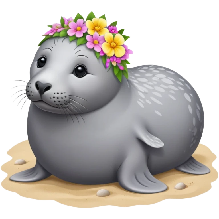 Grey Seal on the beach with the flower pin on the head emoji