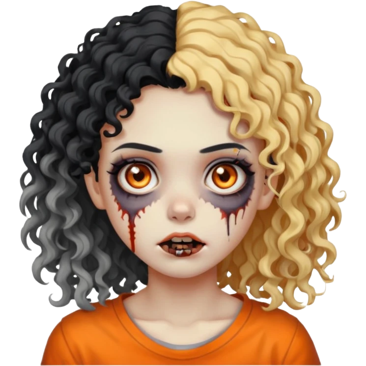 Faça uma garota zumbi de cabelo cacheado preto e uma mecha descolorida meio alaranjada do lado esquerdo emoji