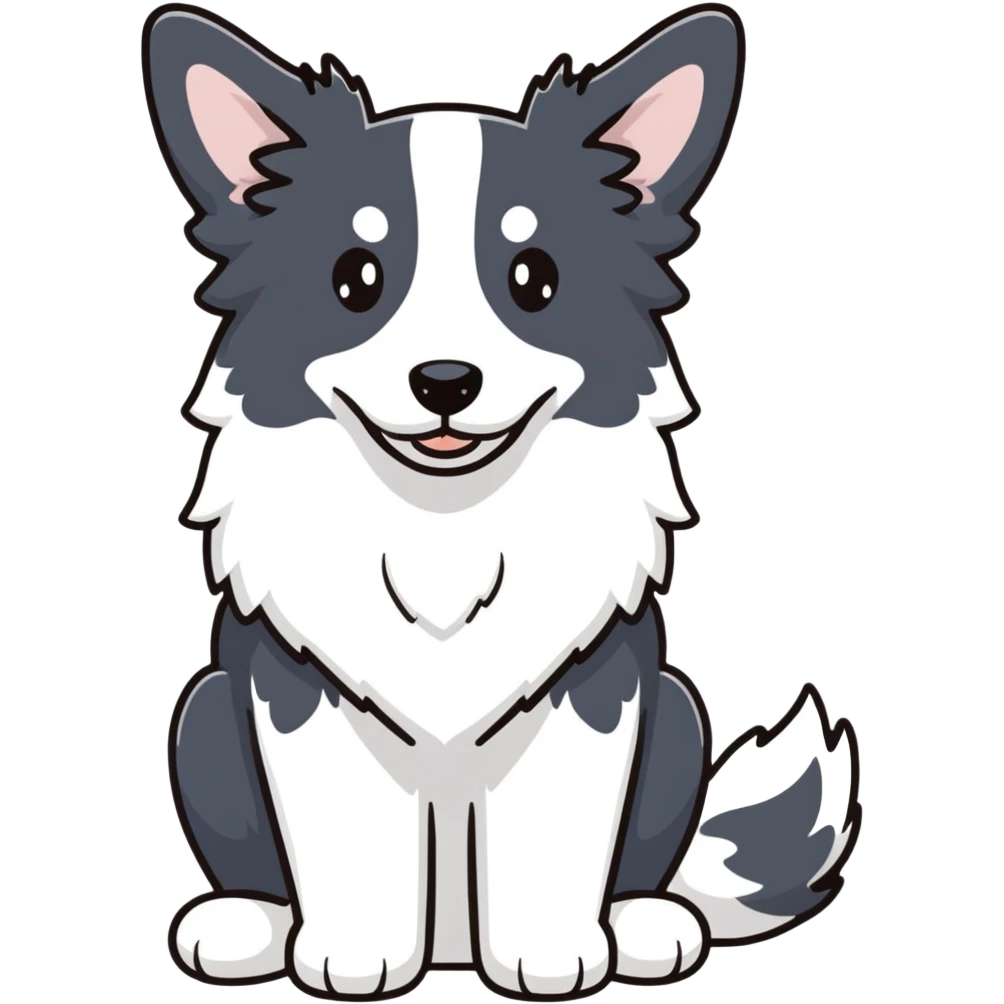 A pure white Border Collie dog sitting, with fluffy fur, alert pointed ears, and friendly expression emoji