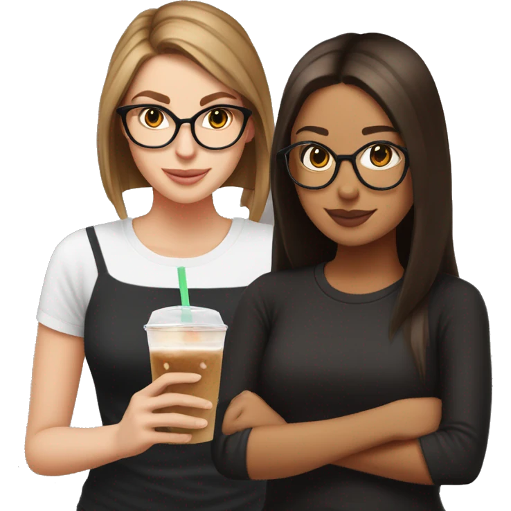 White girl with librarian glasses, a black shirt, long straight brown hair in a low ponytail drinking an iced coffee from dunkin emoji