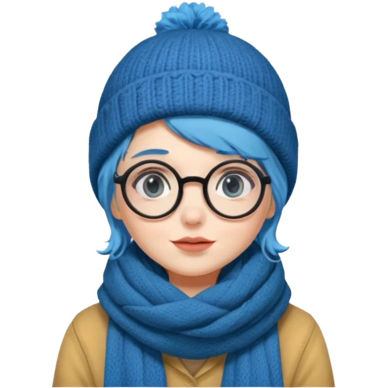 A shy blue straight hair woman with big round glasses and thick scarf and a beanie, blushing from the cold. emoji
