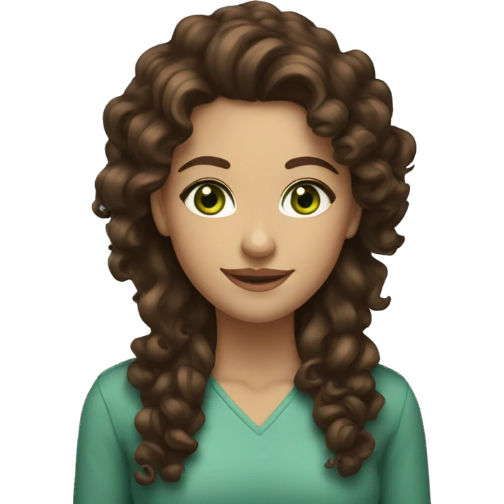 brunette woman green eyes brown curly hair full lips smile emoji
