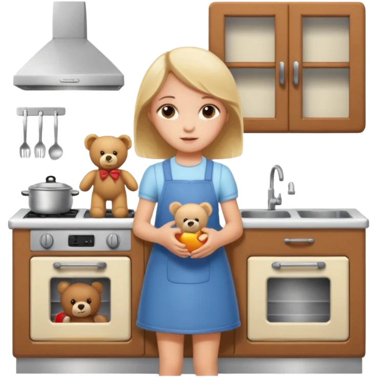 White girl around 10 with teddy bear and toy kitchen  emoji