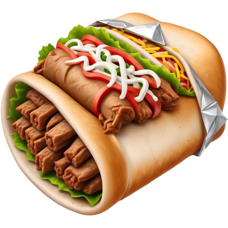 Doner Kebab Cinematic Realistic Doner Kebab Dish Emoji, depicted as iconic, spiced meat wrapped in foil and paper, rendered with lifelike textures and dynamic, appetizing lighting. emoji