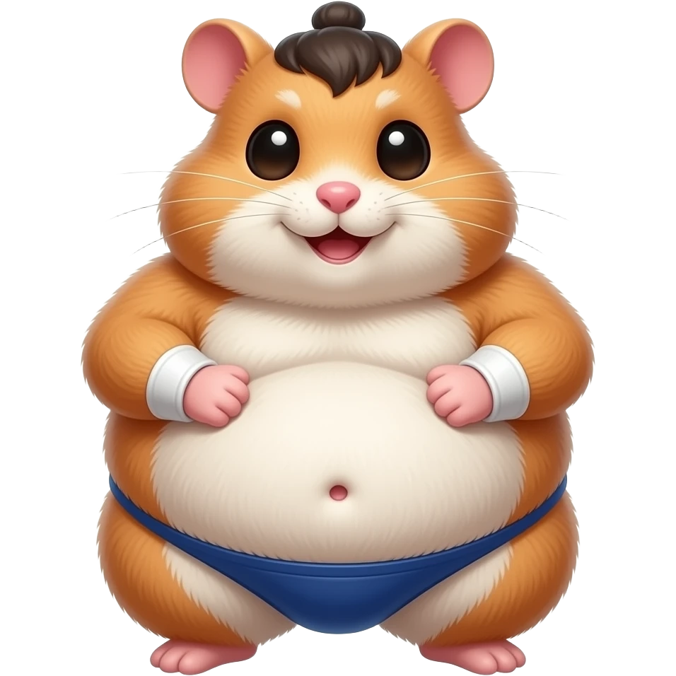 A cute female hamster,suited to be a sumo wrestler,she rubs her huge overstuffed stomach,a cute little bellybutton poking out of her fur,she is massively fat. emoji