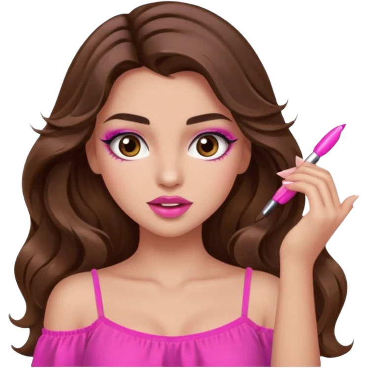 girl with long wavy brown hair, brown eyes, long lashes makeup, sexy pink lips, light to medium complexion, pink sexy top,slapping emoji