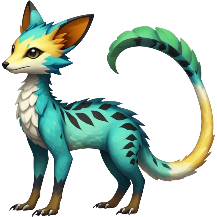 Rare realistic exotic edgy epic pretty beautiful handsome gorgeous aesthetic colorful vibrant Vernid-Trico-species-Fakemon-creature by LiLaiRa, 4 legs, 1 tail, random markings, (full body) emoji