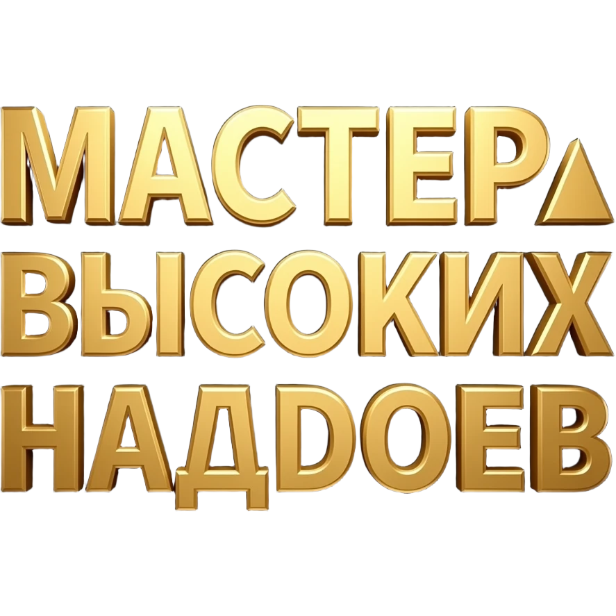 The black background is filled by bold, large, high-definition 3D golden Russian text, precisely centered. The text must read over two lines, all caps: 'МАСТЕР ВЫСОКИХ НАДОЕВ'. Clean details, studio lighting, white background." emoji