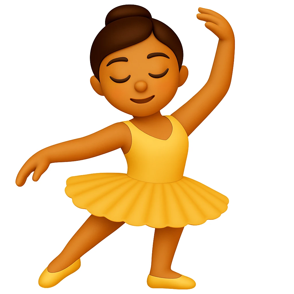 Keep the image just like the reference but show the ballerina's full legs in the style of iOS emoji. Same pose, yellow tutu, elegant, smooth, and shiny. Add a subtle highlight to the legs. emoji