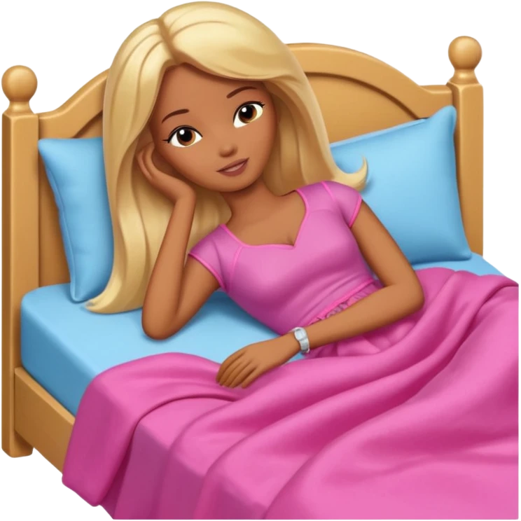 Brown skin blonde hair Barbie sleeping in bed  emoji