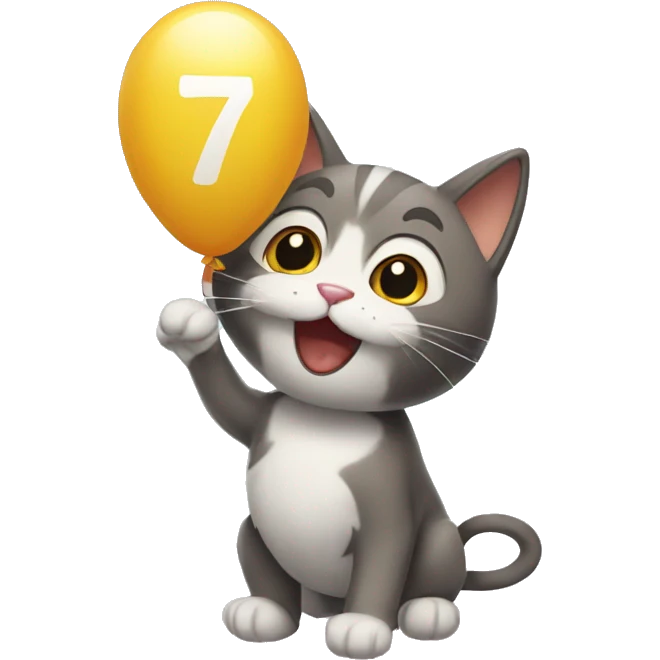 cat with a balloon shaped like the number 7 emoji