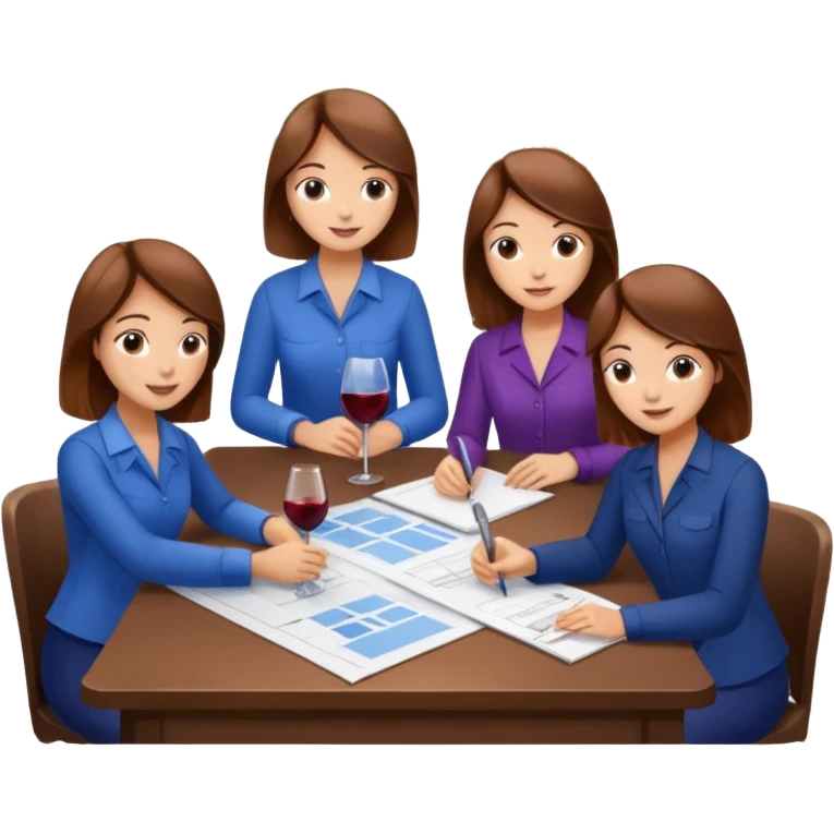 Make a photo of 5 project managers, specifically 3 girls with brown hair and 2 boys, that are making project for improvement of the winery emoji