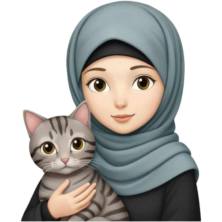 White girl wearing hijab holding a black grey tabby cat emoji
