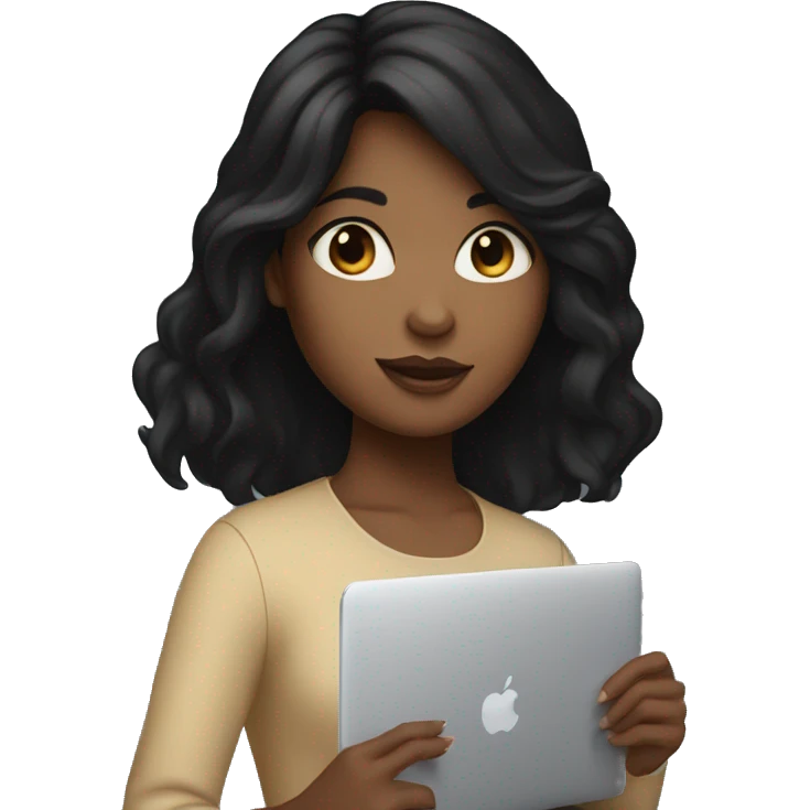 Girl with black hair and brown skin hold macbook emoji