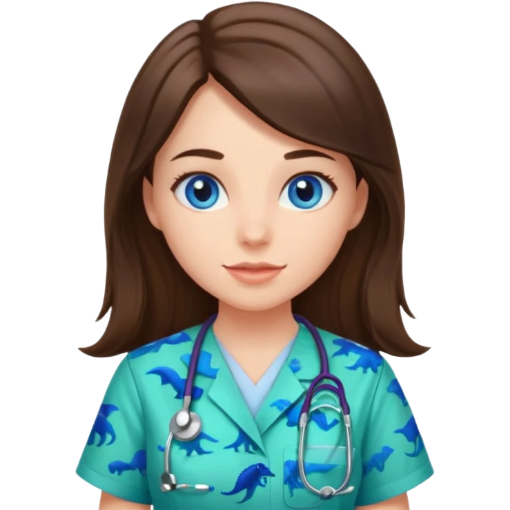 pretty brunette nurse with long hair and blue eyes in dinosaur pattern scrubs emoji