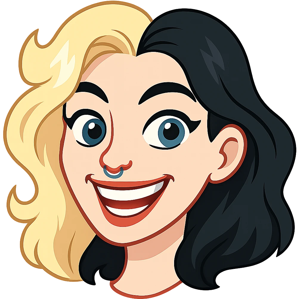Edit the image in the style of a Telegram sticker. Show the head with hair, blue eyes, very pale skin, a neat nose with piercing. Make the character smile with visible teeth. Do not add any white outline. Remove the background. emoji