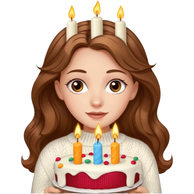 A pretty white girl with hazel brown eyes and long brown wavy hair in a cosy white knit sweater, she is celebrating her birthday emoji