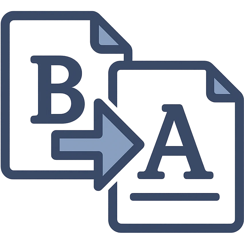 Reimagine the Bulk File Rename Utility icon in a minimalistic, flat blue style with two distinct blue document icons. One document has a bold 'B' and the other has a bold 'A'. A thick, clear blue arrow points from the B document to the A document. Use strong contrast, clean and simple lines, and ensure maximum clarity and recognizability. The background is fully transparent. The icon should be consistent with the other icons in style and clarity. emoji