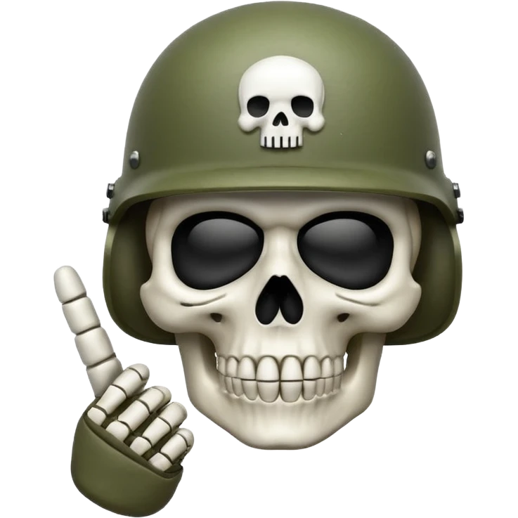 A bold emoji-style white skull wearing a realistic modern army helmet, making a shushing gesture (index finger bone held up to mouth area). Clean vector style,modern emoji aesthetic.The helmet has detailed realistic texture. No body, just the skull and helmet emoji