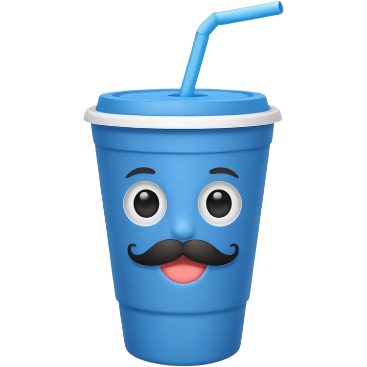 paper blue cup and white straw, the cup has eyes and mouth and mustache emoji