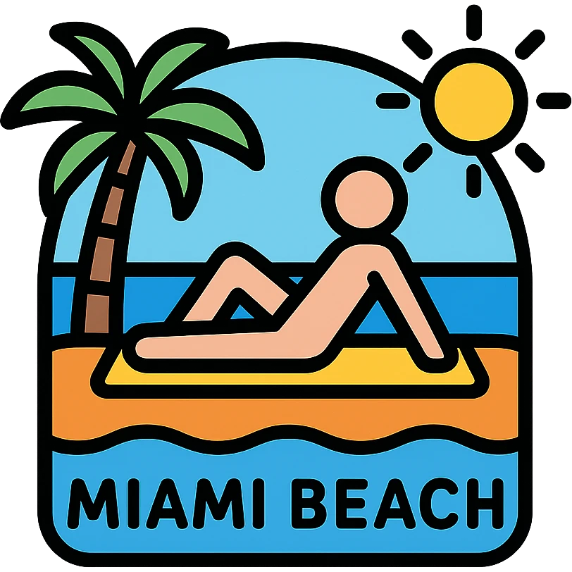 color outline icon of a person sun tanning with Miami beach, palm tree, and sun emoji
