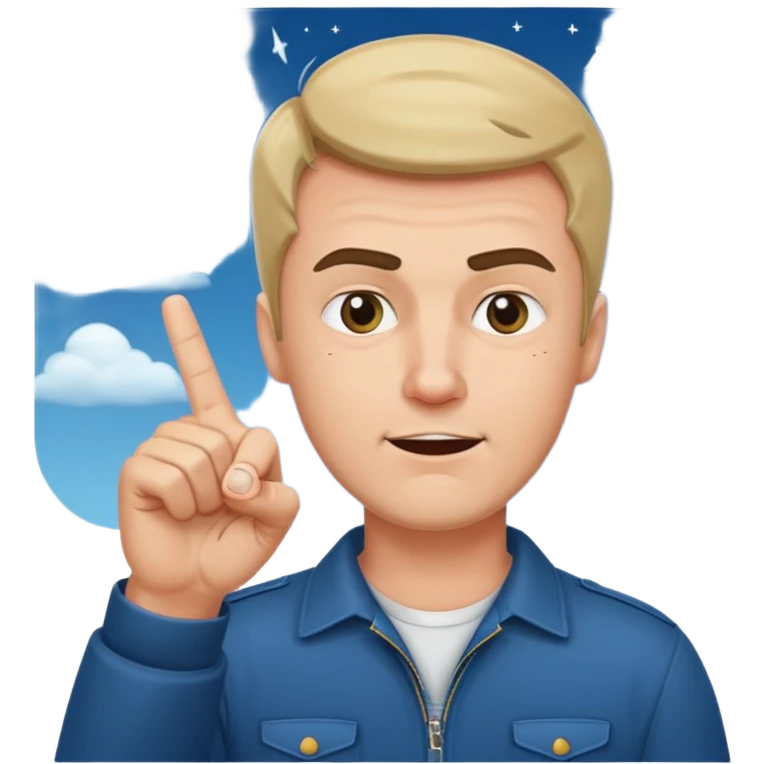 Guy with finger guns pointing in the sky beside his forhead emoji