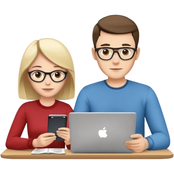 casually dressed stylish  looking husband and wife avatars reviewing their finances together  emoji