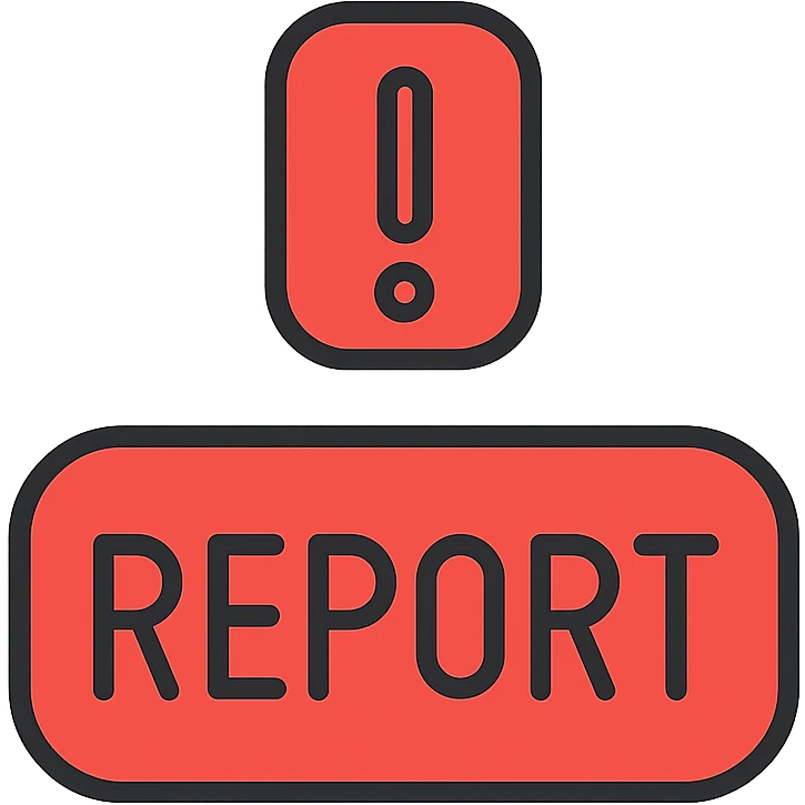 the word REPORT in all caps, inside a red rounded rectangle, with a red exclamation mark above it, the exclamation mark is inside a red rounded rectangle, everything is red emoji