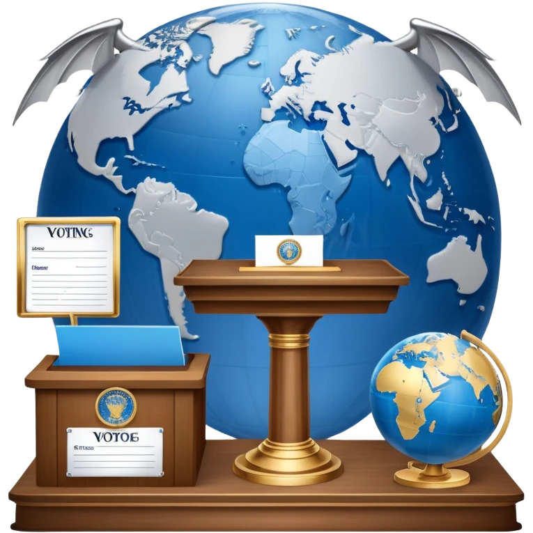 An icon featuring a podium with a speaker, a ballot box with a voting slip, and a globe, symbolizing political science. The design includes scales of justice and a world map in the background, representing governance and global politics. Transparent background highlights political analysis. emoji
