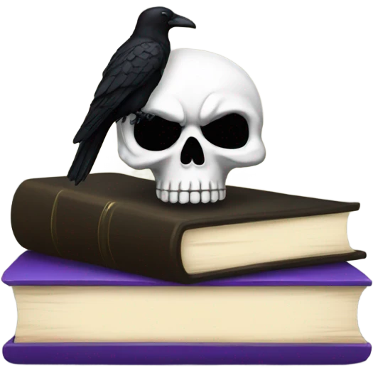 Skull with a bow on the top of the head on top of books with a black raven emoji