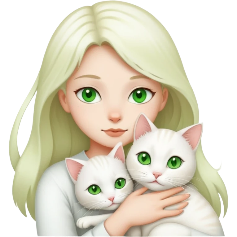 a white jinjila cat with green eyes,a girl hugs it emoji