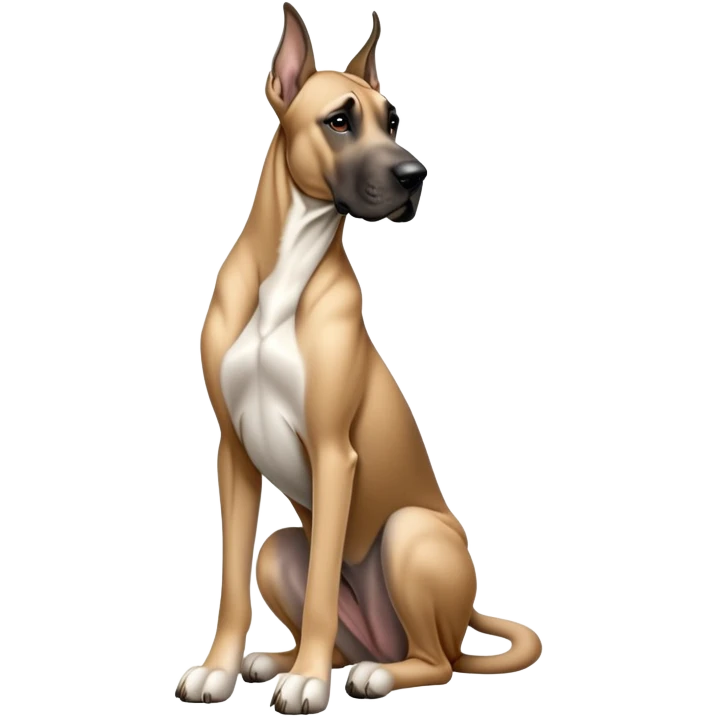 cinematic-[fawn great dane]-realistic-full-body-sitting-emoji,-tail-resting-loosely-beside-its-paws,-head-tilted-dramatically, ears drooped, -sleek-[fawn]-fur,-simplified-yet-realistic-focused-features,-highly-detailed,-glowing-with-an-almost-sarcastic-glow emoji