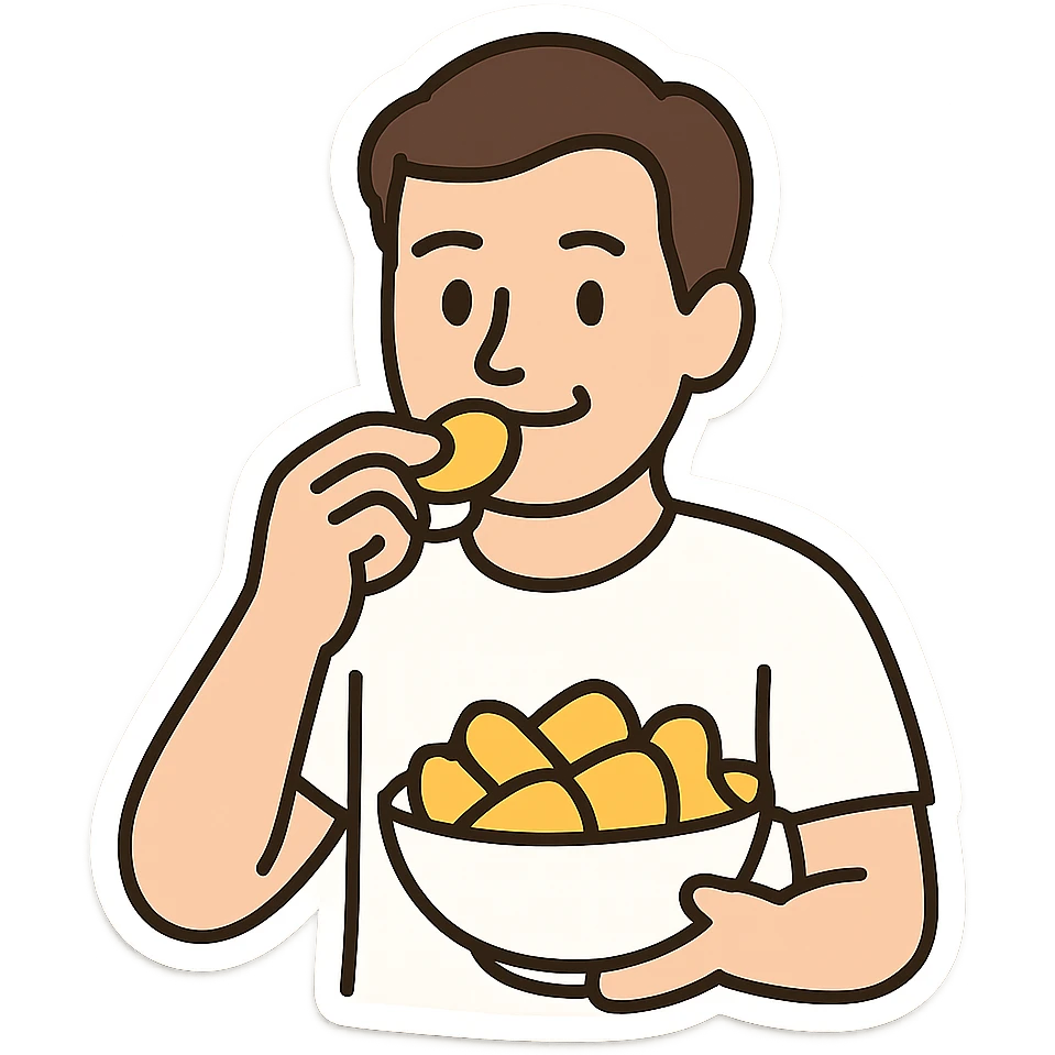 man eating chips, more white, smiling a little, sticker emoji