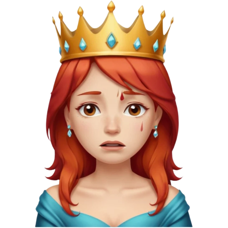 Beautiful lady crying can see shoulders red hair and crown on her head emoji