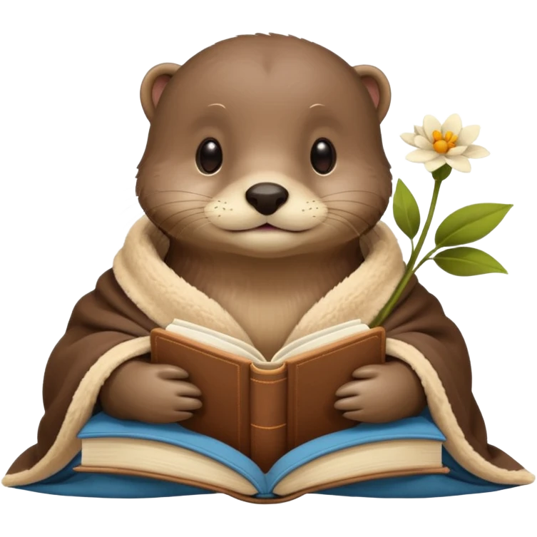 otter cozy in blanket with beige book and flower emoji