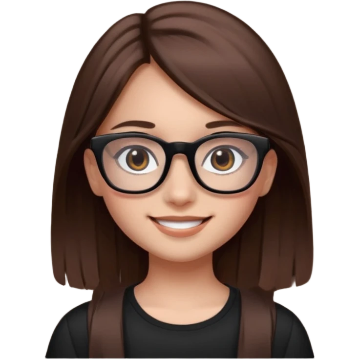 une ado, brune aux cheuveux tres fonces longs lisses blanche, ,lunettes carres noires, yeux bruns fonces joues rose emoji