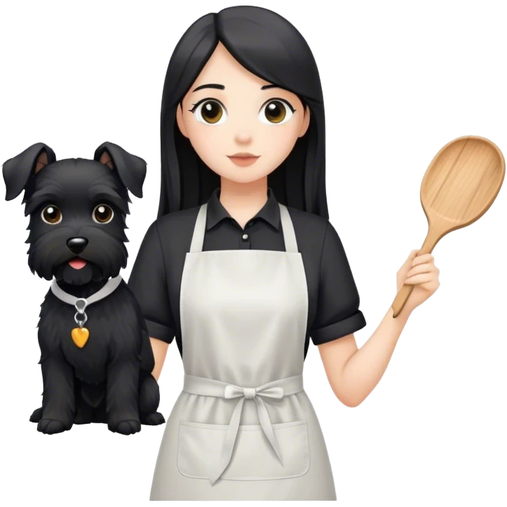 pale girl with long back hair wearing black long shirt wearing apron holding black  schnauzer emoji