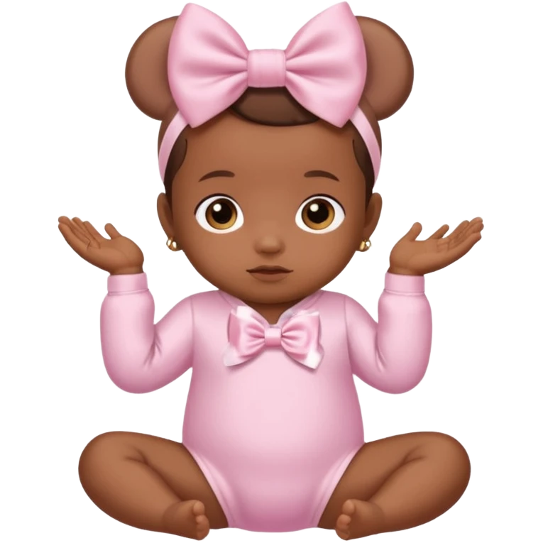 Brown skin baby with satin baby pink onesie and white bow emoji