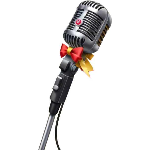 Create a vibrant and dynamic emoji that represents pop vocal performance without people. The design should feature a close-up of a classic stage microphone (retro-style) with a lanyard, set against a stage background. Add concert lighting, a celebratory salute of confetti or fireworks in the background, and musical notes forming a ribbon, symbolizing the performance and creativity of pop vocals. Include subtle elements like a formal stage costume to emphasize the professional aspect. Use bright, bold colors like gold, red, and neon to reflect the energetic and glamorous nature of pop vocal performance. The background should be transparent. emoji