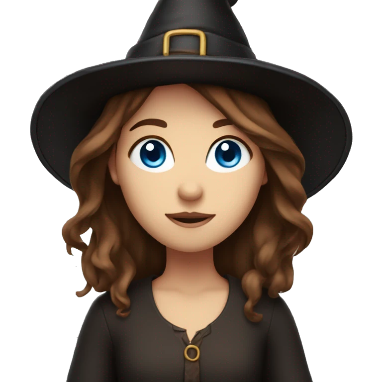 Girl with blue eyes and brown hair and witch hat emoji