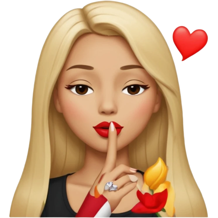 Mujer color de piel moreno claro, con cabello rubio largo, lacio y suelto, ojos negros, un ojo cerrado, mandando un beso de lado  emoji