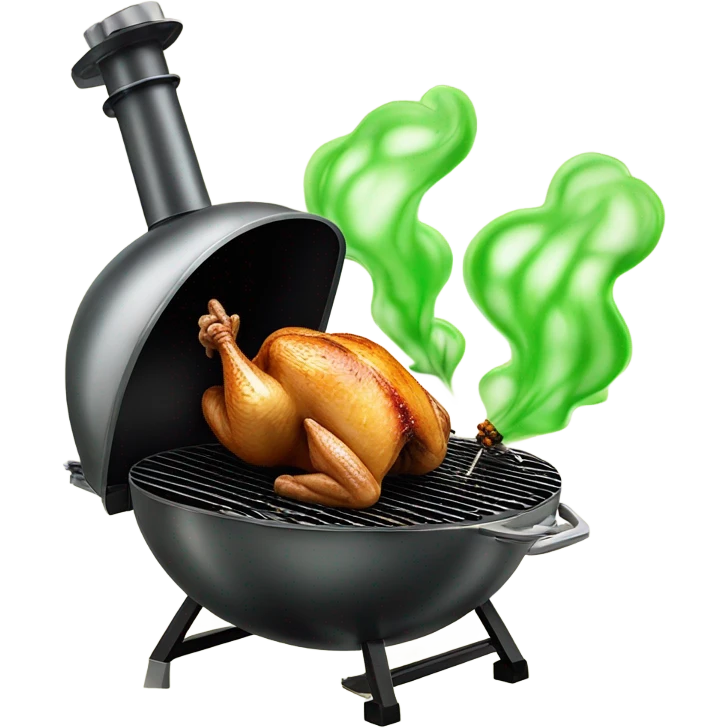 Rotisserie chicken smoking on a grill with green gas coming out of it emoji