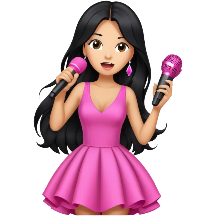 pink microphone, music, singing, long black hair tanned woman, glam dress emoji