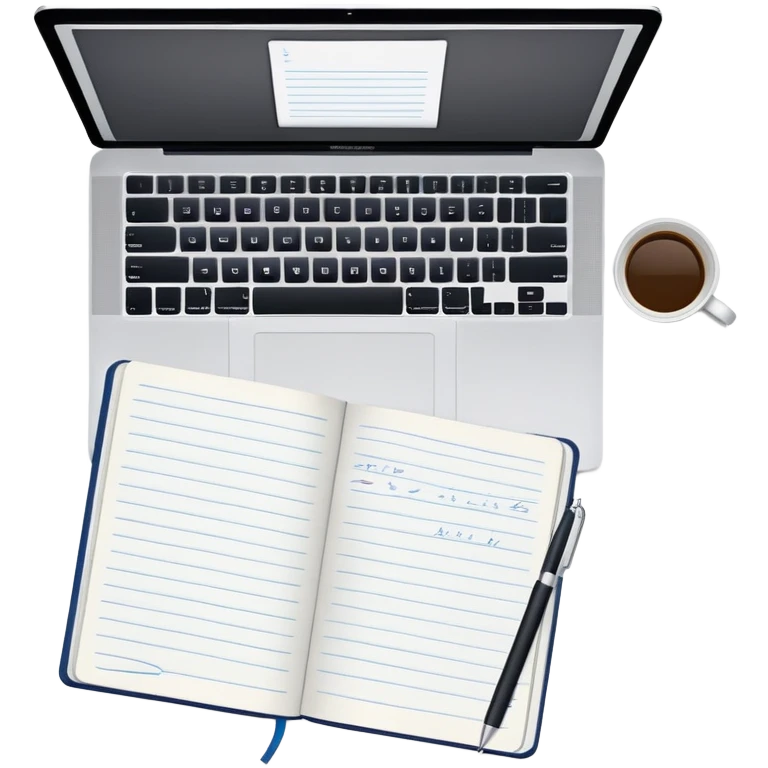 top view of a MacBook and a notebook with a pen nearby, notebook with visible notes emoji