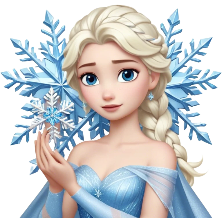 Cinematic Realistic Elsa Portrait, depicted with lifelike skin texture, soft natural lighting, and intricately detailed platinum blonde hair styled elegantly. Her striking, expressive blue eyes exude confidence and grace, complemented by a serene and regal expression. She holds a shimmering snowflake delicately in one hand, her other hand resting against her gown, embodying the power and beauty of winter. She is dressed in her signature icy attire, with shimmering fabric textures and delicate folds that catch the light beautifully. The portrait features a soft, enchanting glow with a cool, radiant finish, capturing the essence of timeless elegance in a realistic and painterly style. emoji