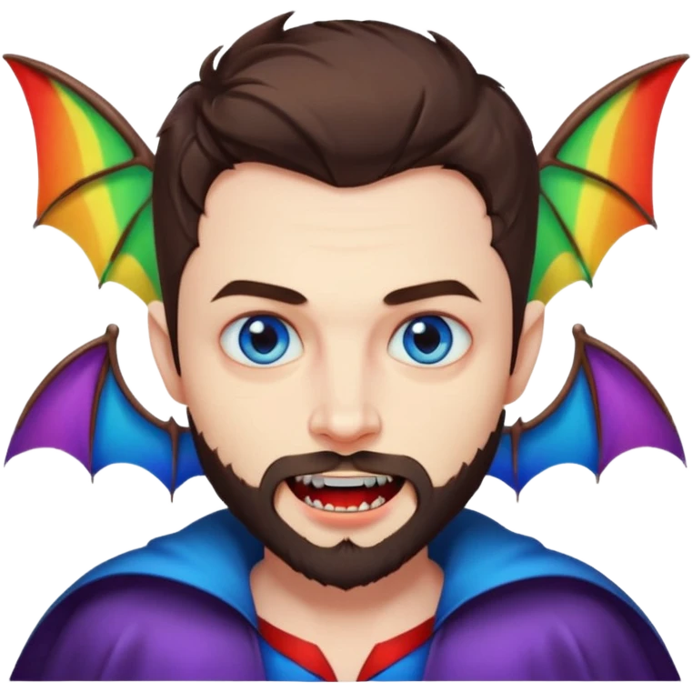 Vampire with blue eyes, short brown hair, short beard/scruff and fangs. rainbow color bats behind him emoji