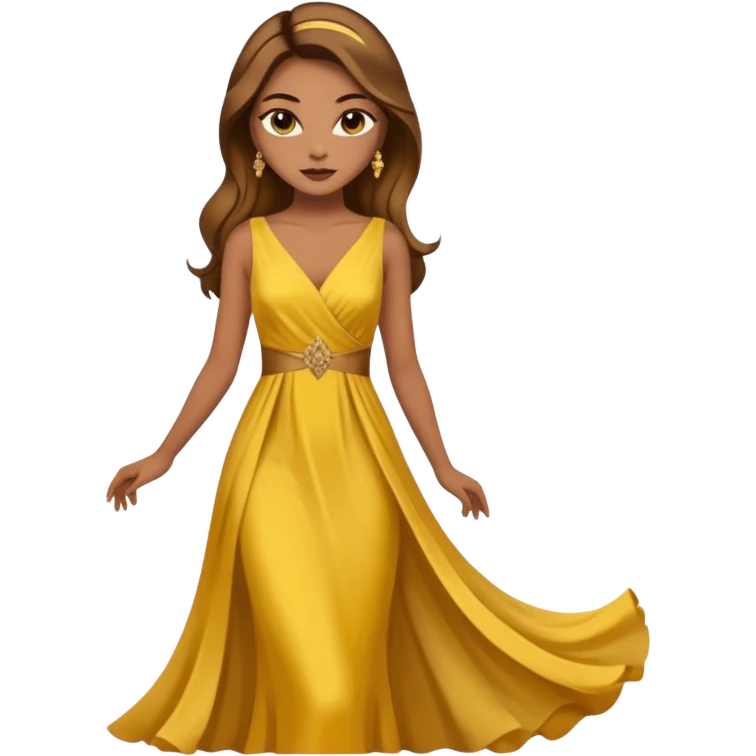 Woman using a long elegant yellow dress. She has medium skin tone and a brown with gold makeup emoji